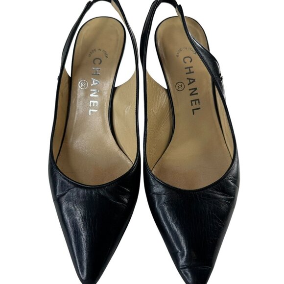 Chanel Shoes Slingback Heel Pumps Size 36/5.5 Black Leather Slip-On Pointed Toe - Picture 13 of 16
